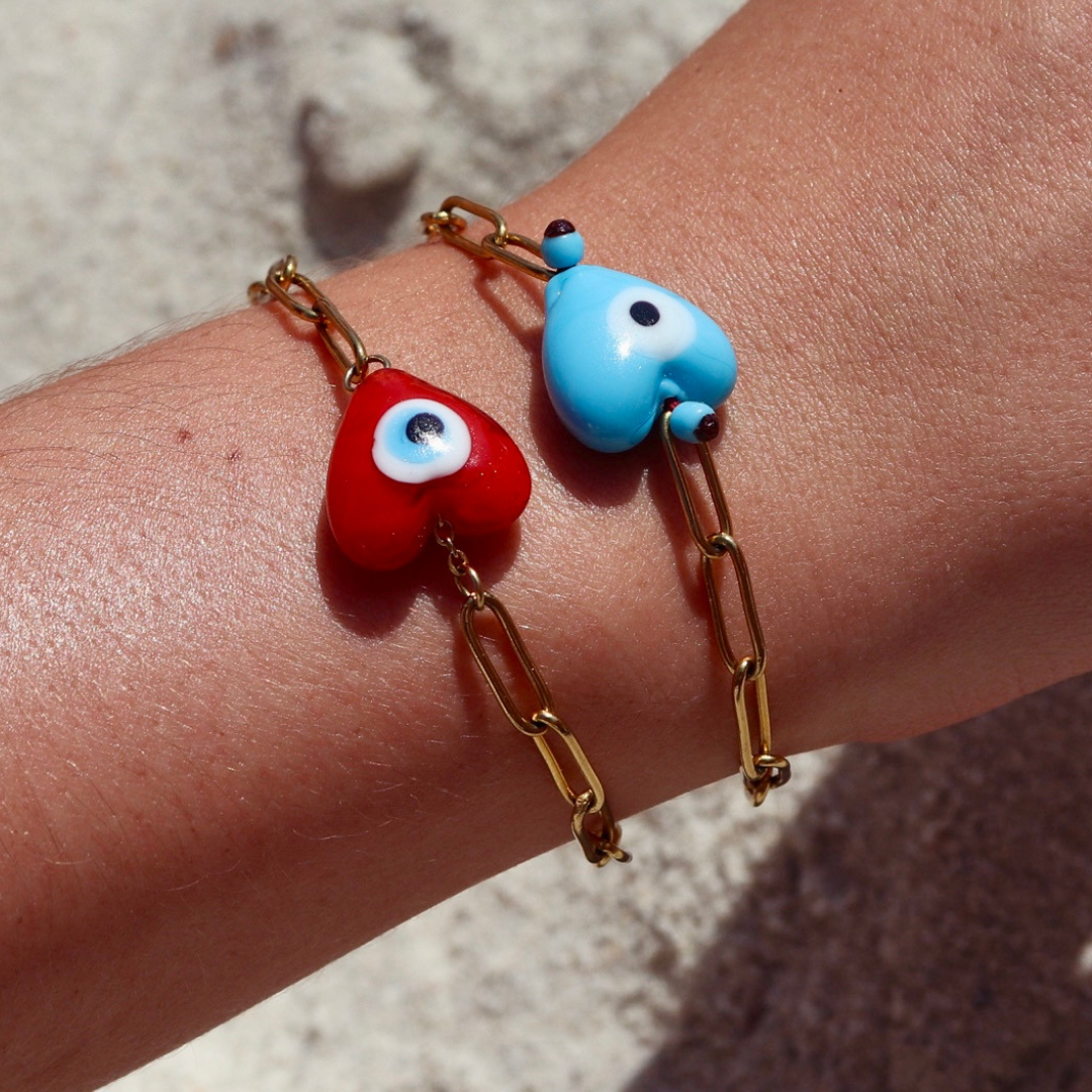 Coloured Glass Evil Eye Paperclip Chain Bracelet