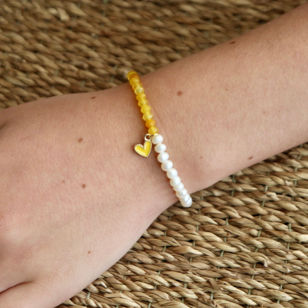 Half Fresh Water Pearl and Half Natural Gemstone Bracelet with Yellow Heart Charm