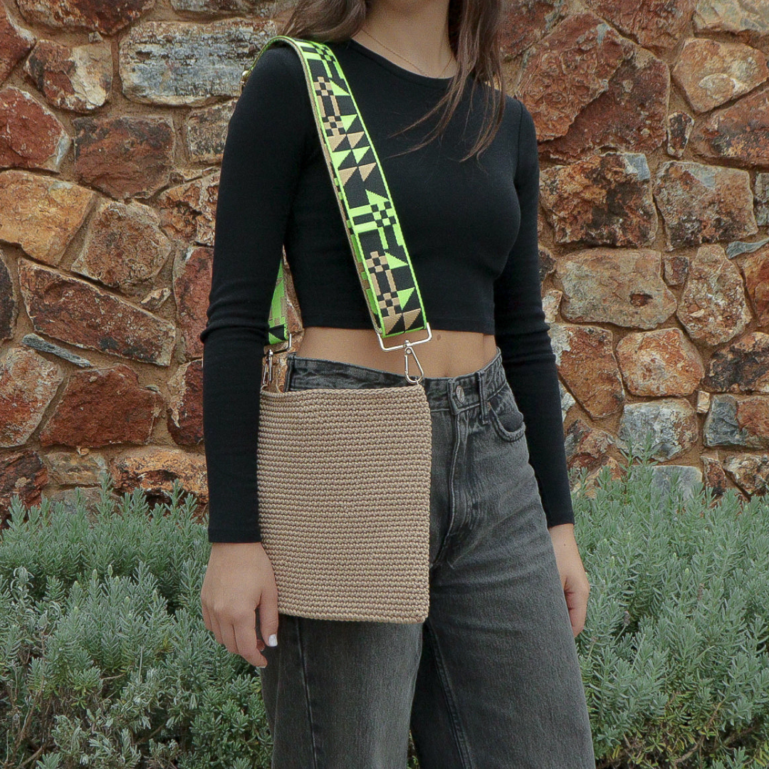 Neon Green Strap with Beige Handmade Bag