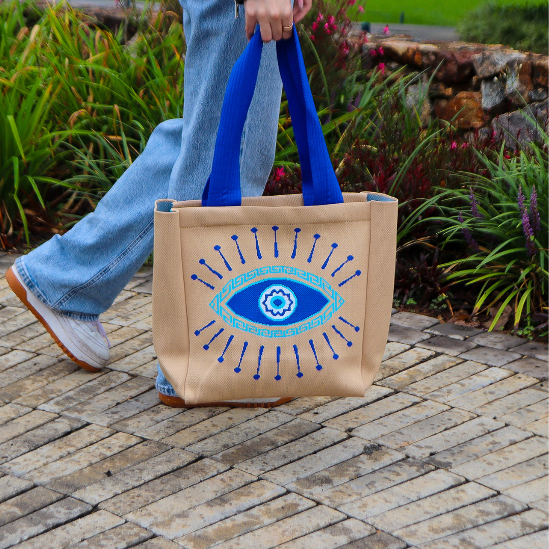 Cream Bag with Blue Evil Eye