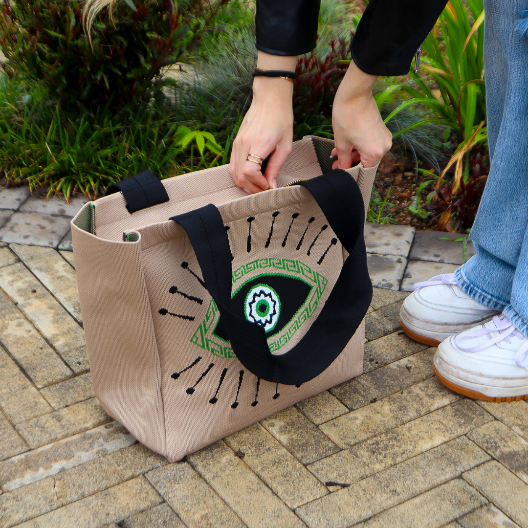 Beige Bag with Green Evil Eye