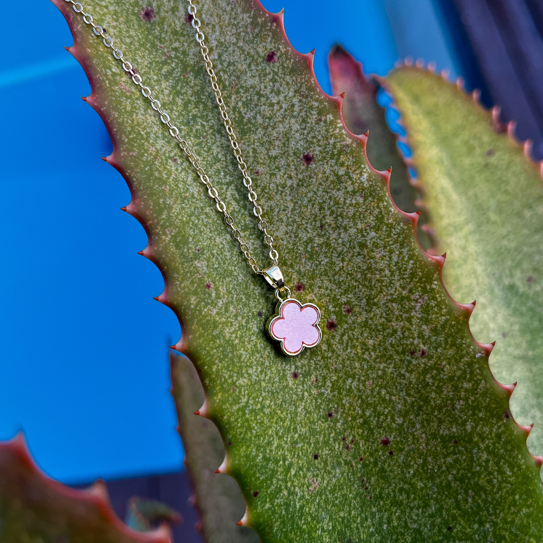 Pink Flower on Yellow Gold Chain