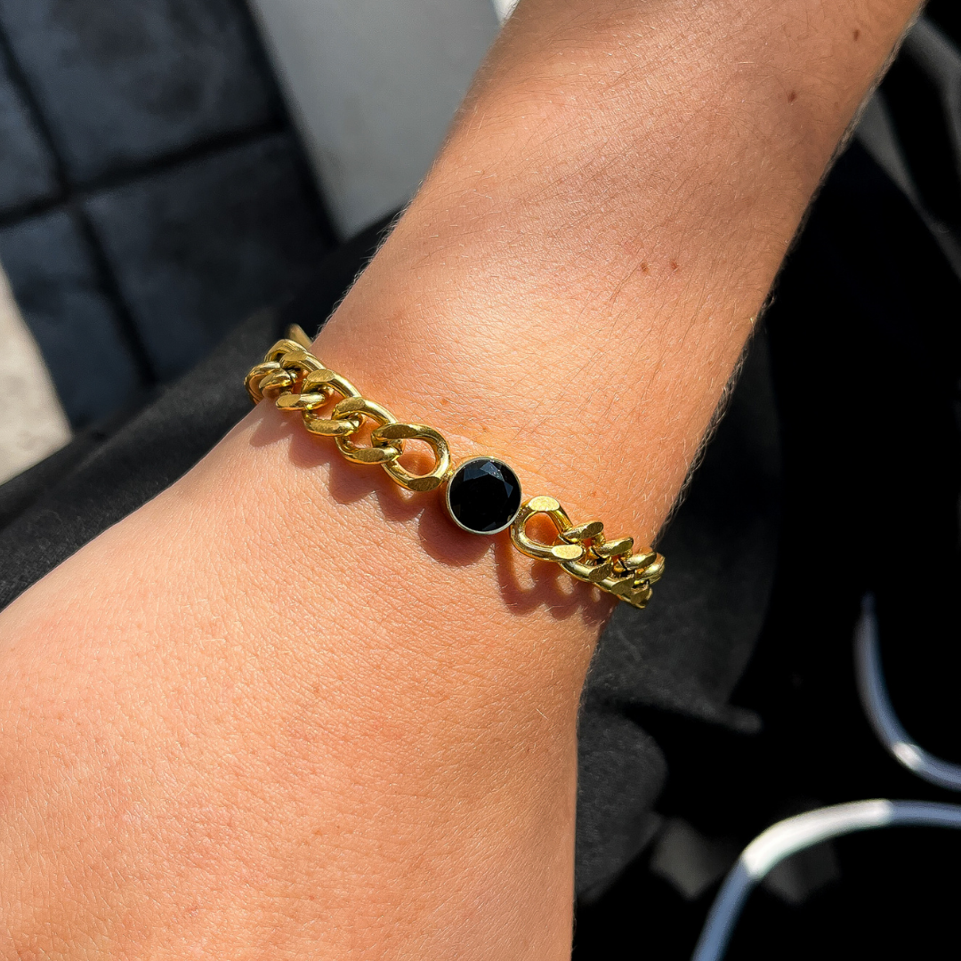 Chunky Gold Bracelet with Black Crystal Center