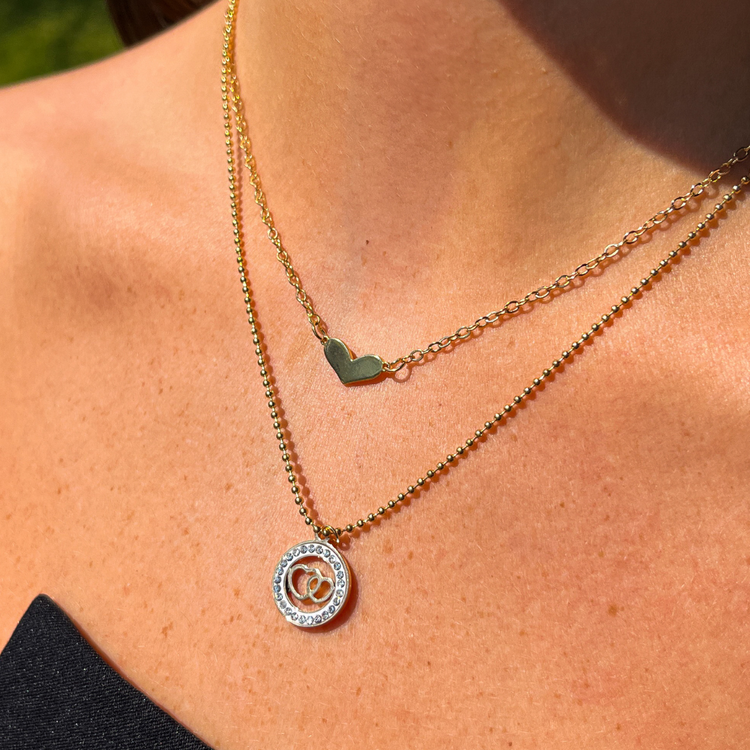 Abstract Heart and Crystal Circle on Yellow Gold Chain