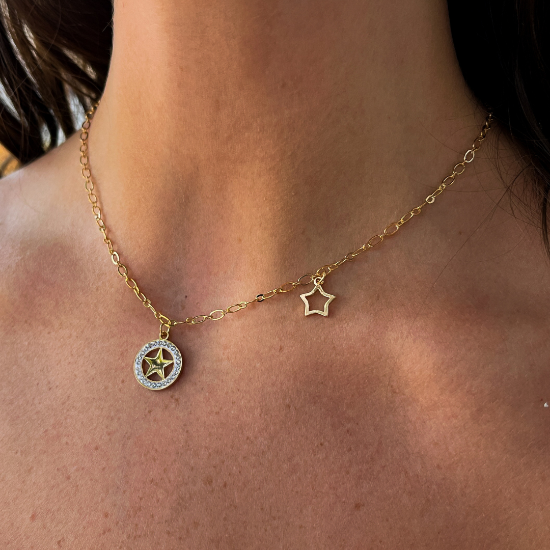 Double Star Pendant on Yellow Gold Chain