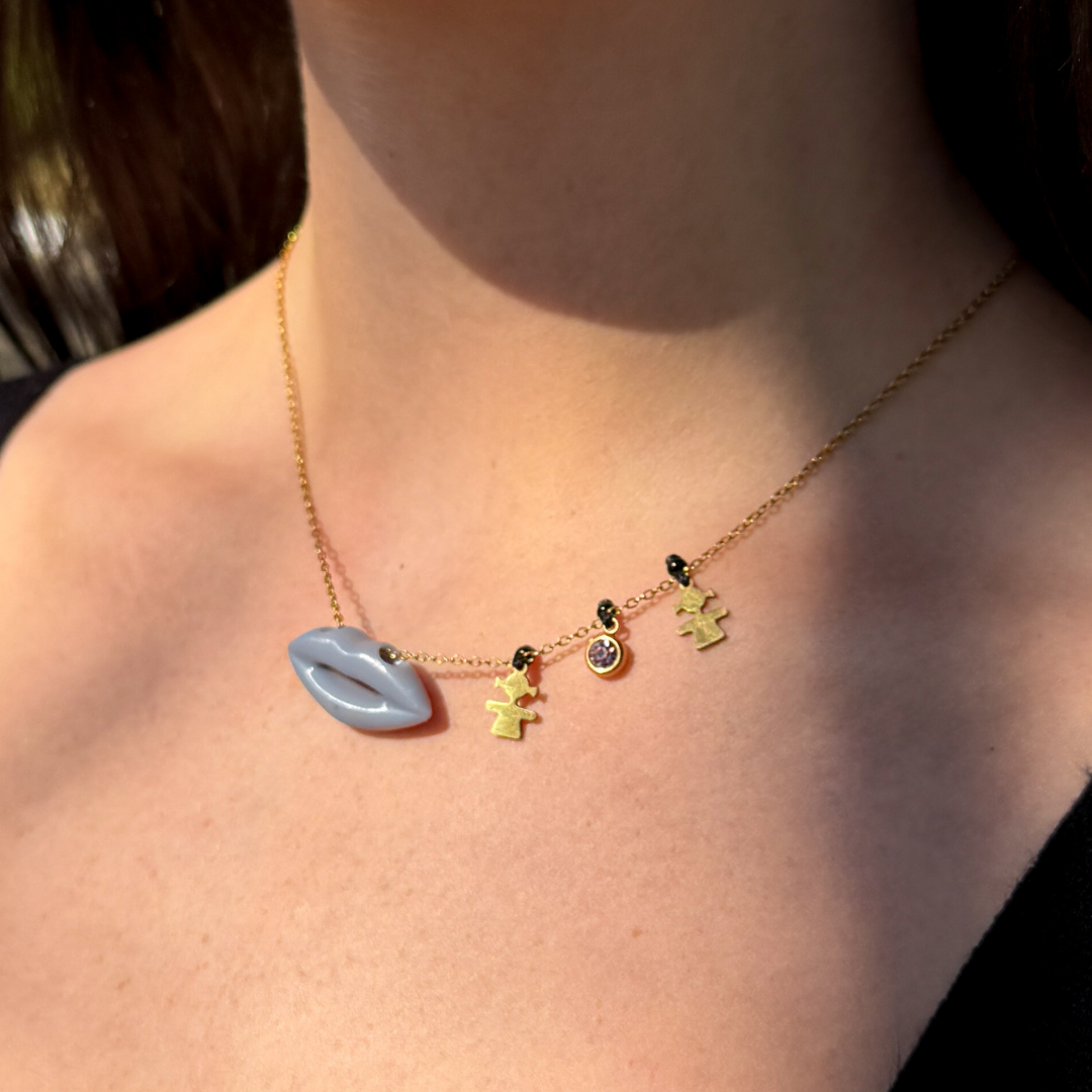 Icy Charcoal Lips with Charms on Yellow Gold Chain