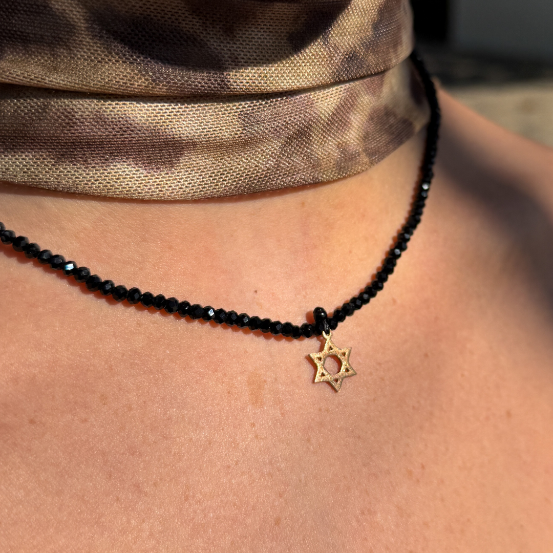 Rose Gold Faith Charm on Black Glass Crystals