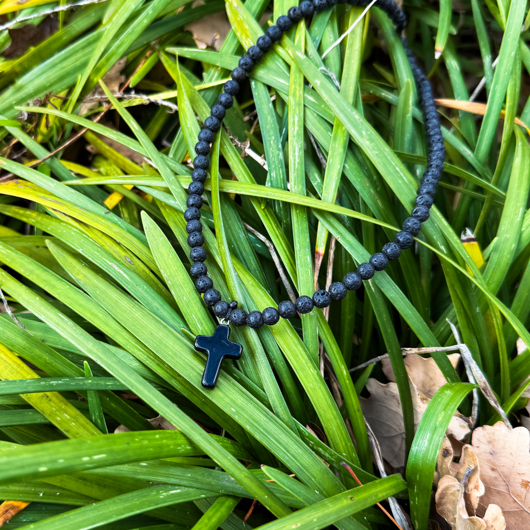 Obsidian Faith Charm on Lava Beads