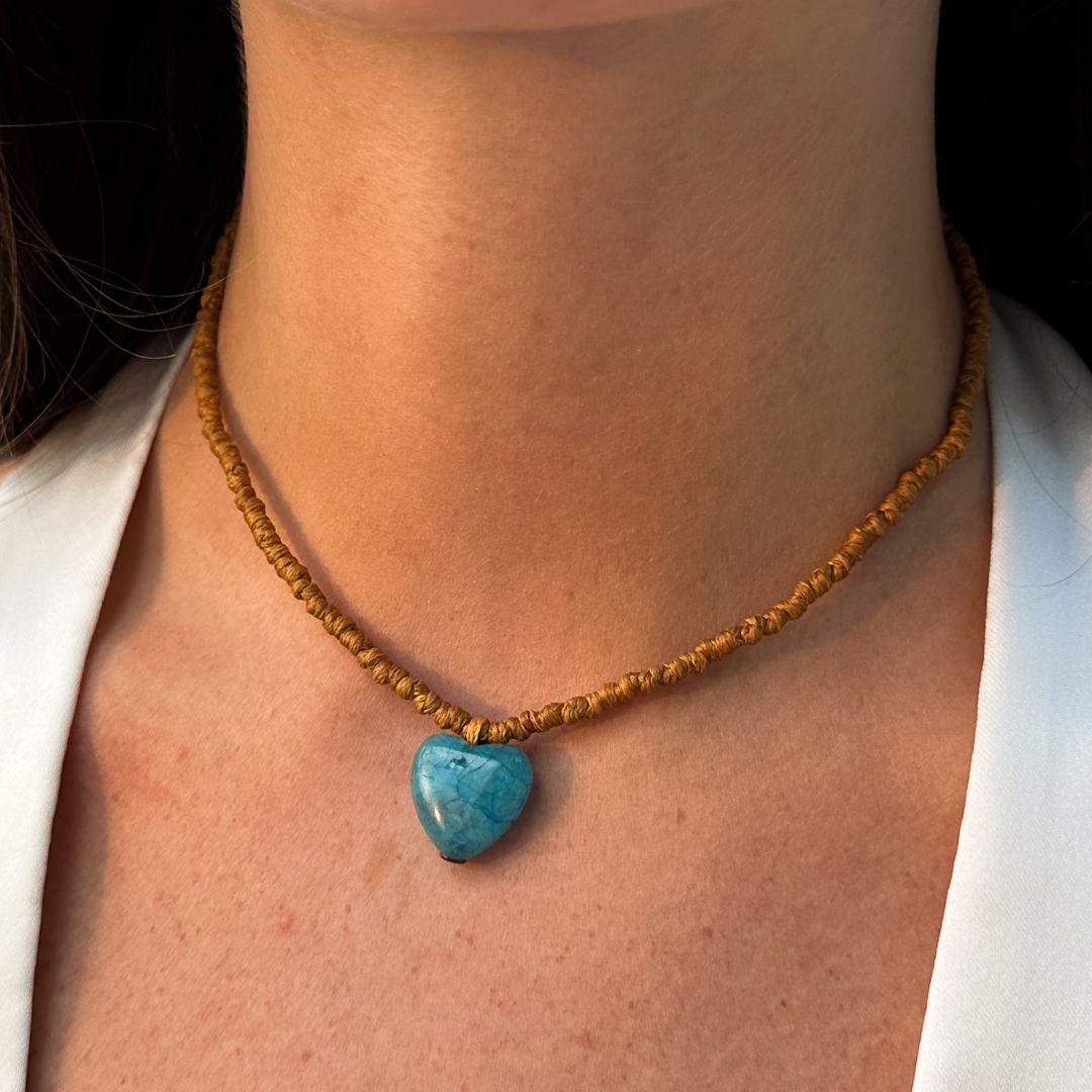 Turquoise Heart on Camel Pebbled Cord