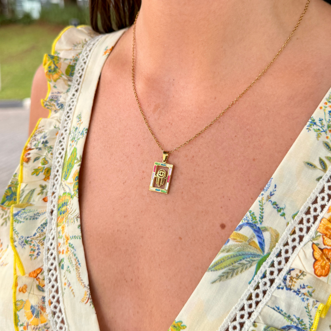 Colourful Hamsa on Yellow Gold Chain