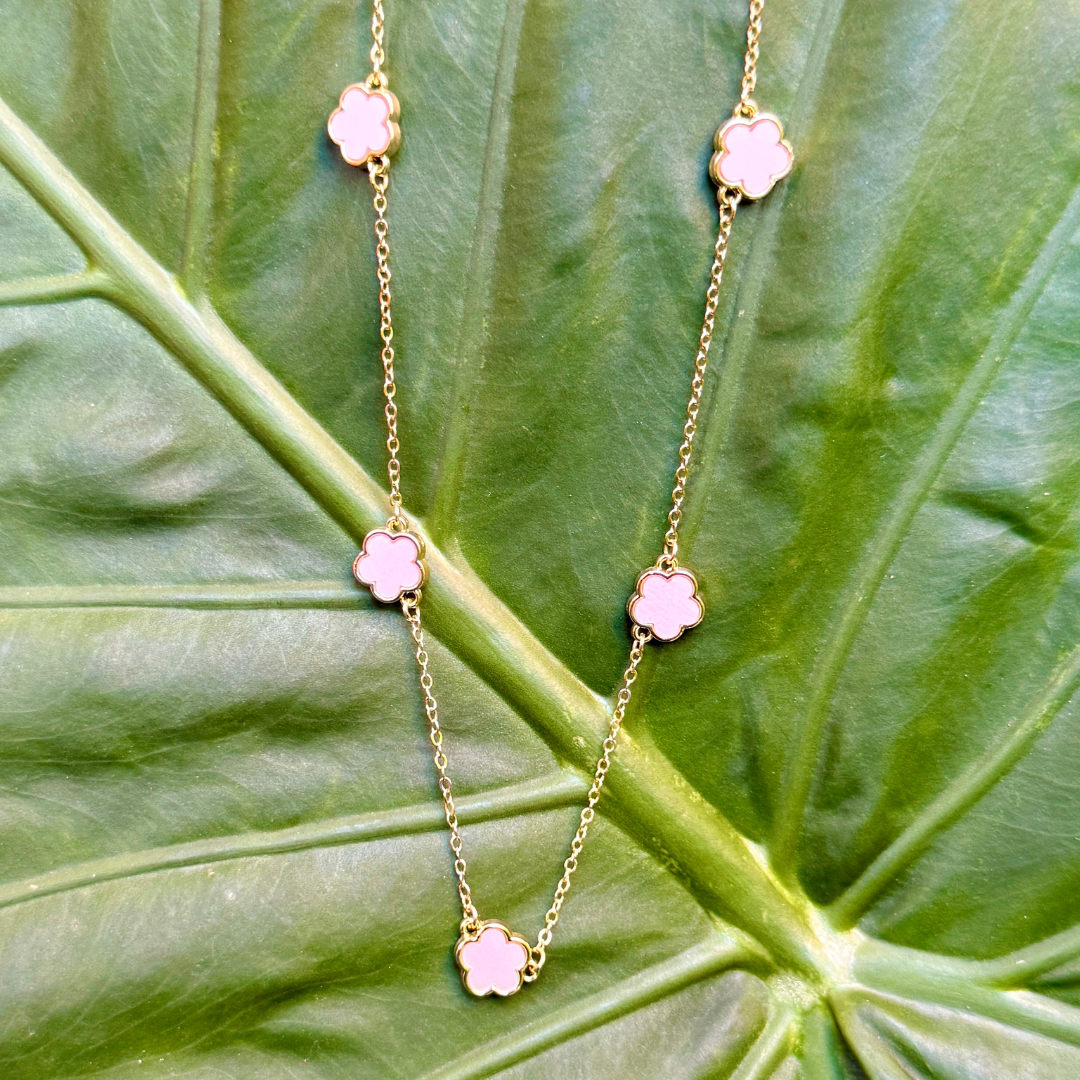 Pink Flower Charms on Yellow Gold Chain