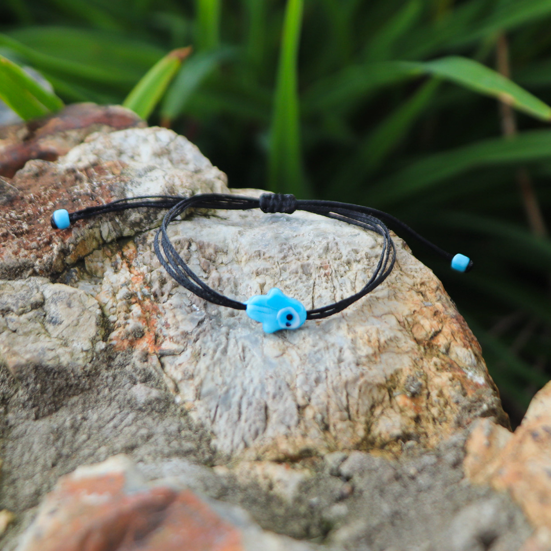 Hamsa Glass Evil Eye on Black Plain Cord