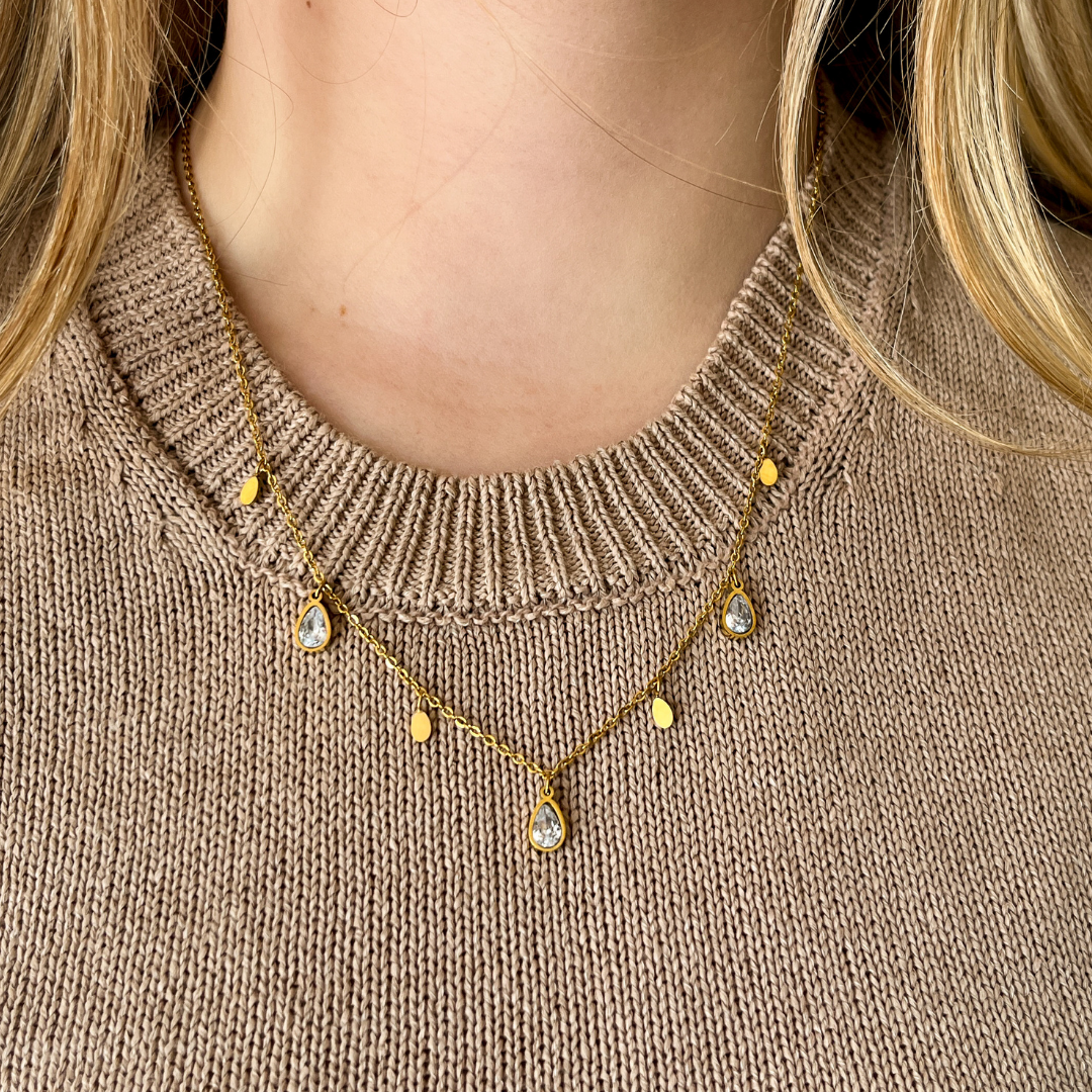 Rhinestone Charms with Tear Drops on Yellow Gold Chain