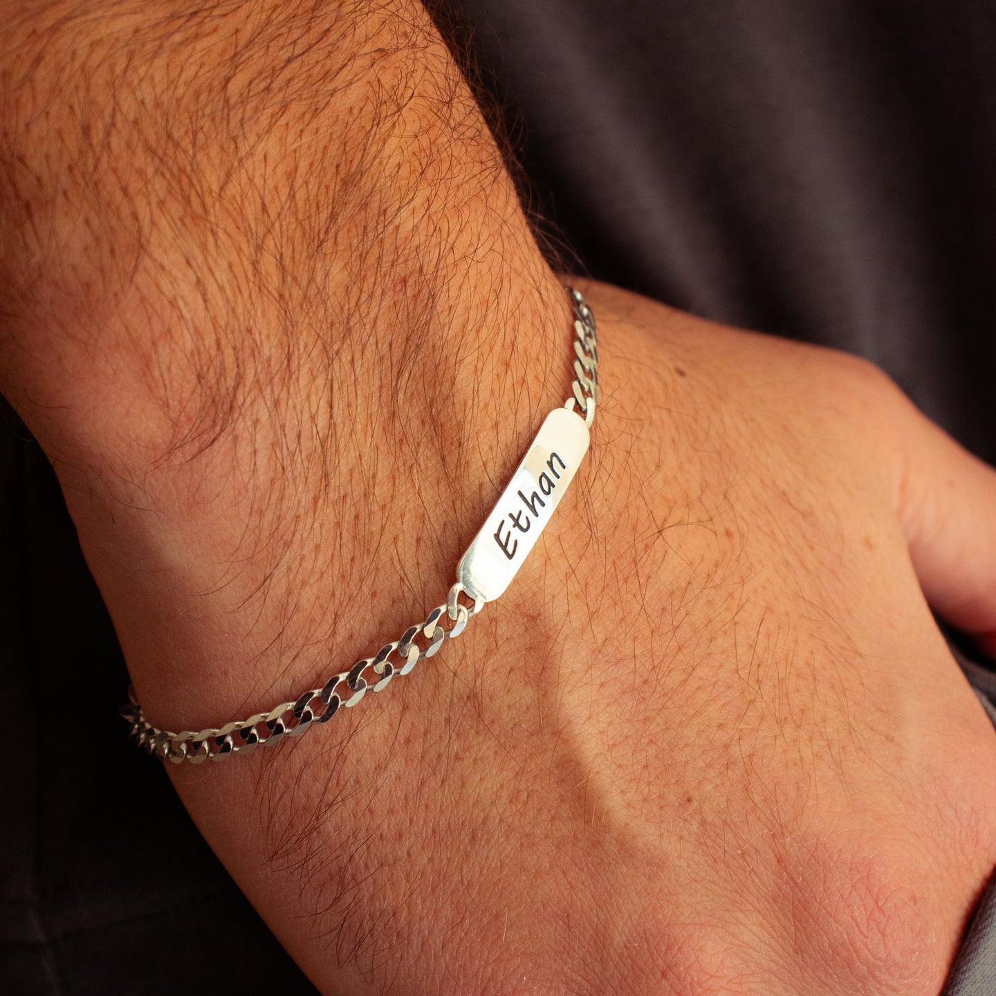 Customised Rectangular Bar on Silver Chain Bracelet