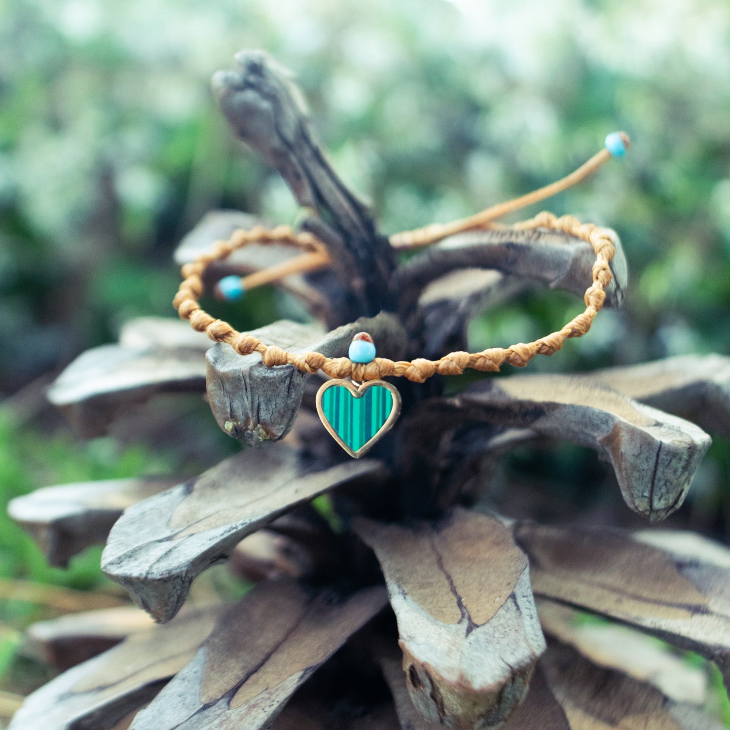 Small Emerald Heart on Camel Pebbled Cord