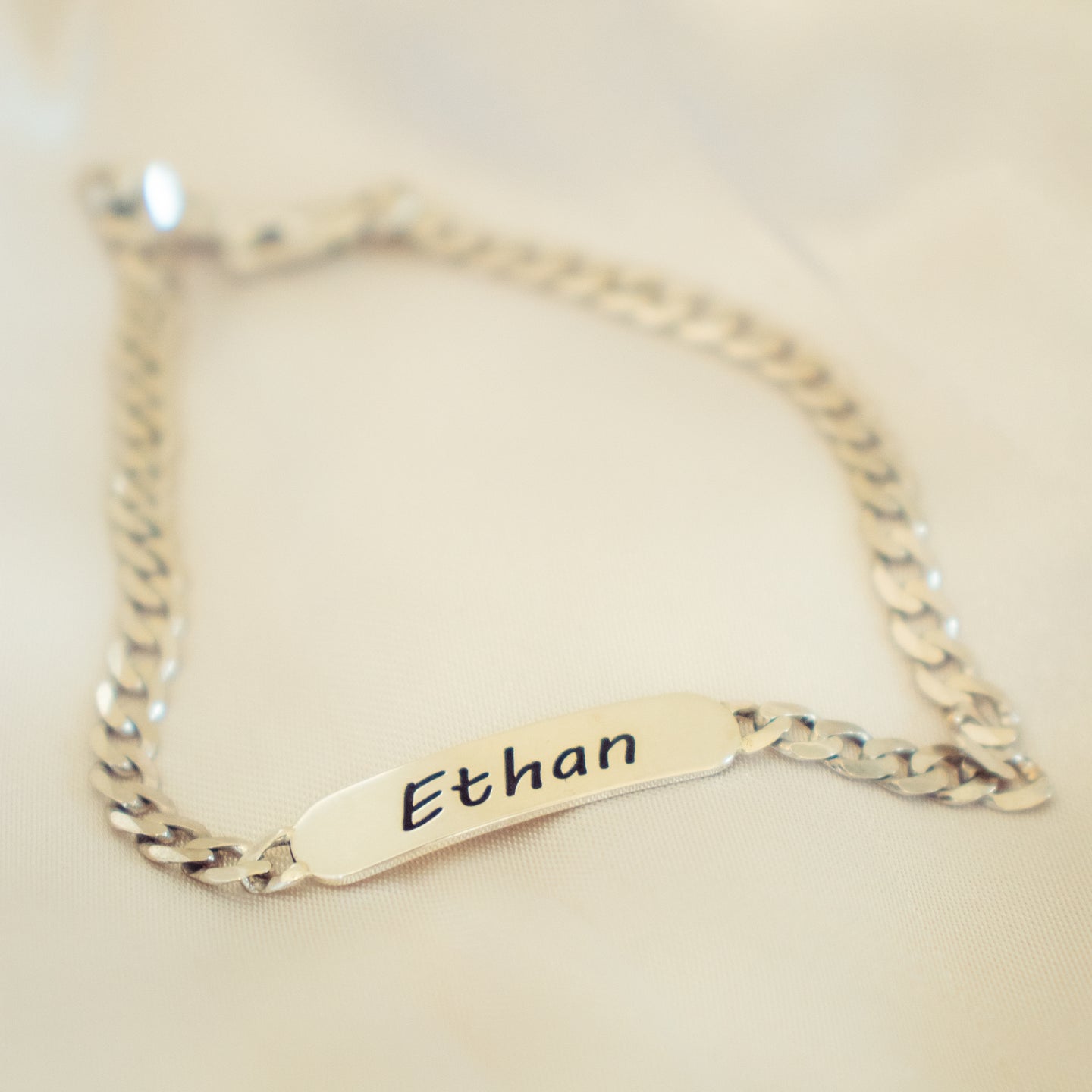 Customised Rectangular Bar on Silver Chain Bracelet